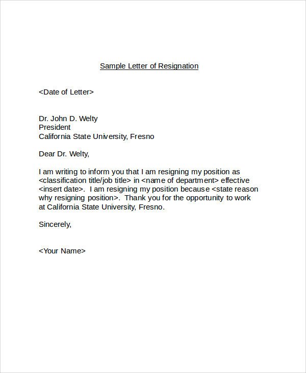 Letters Of Resignation Template Sample Resignation Letter 6 Examples In Word