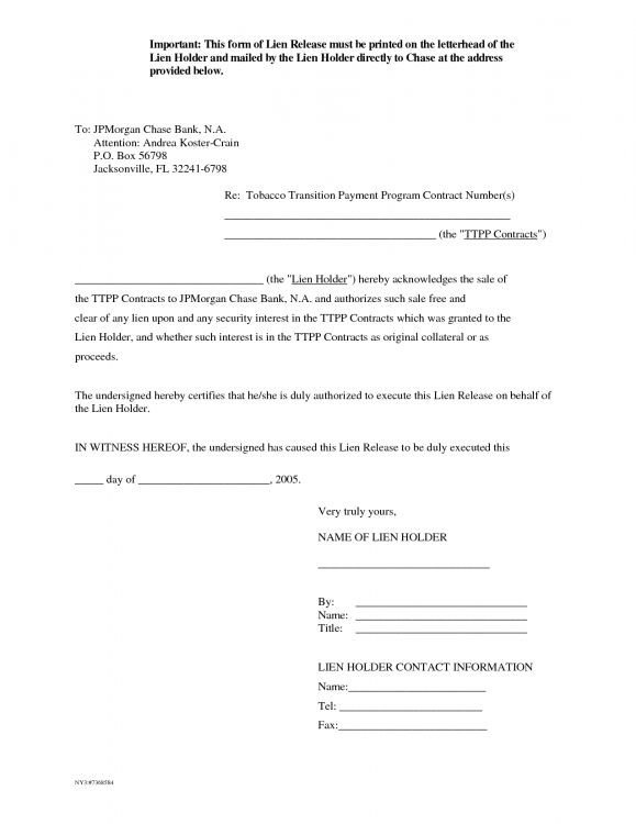 Lien Release Letter Template Letter Release form Mechanics Lien Release form Auto