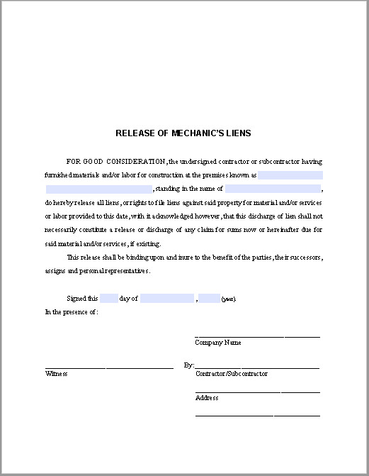 Lien Release Letter Template Release Of Mechanic’s Liens Certificate Template Free