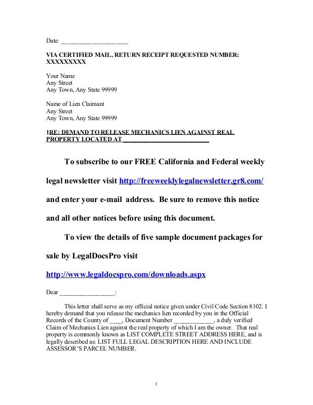 Lien Release Letter Template Sample California Mechanics Lien Release Demand Letter