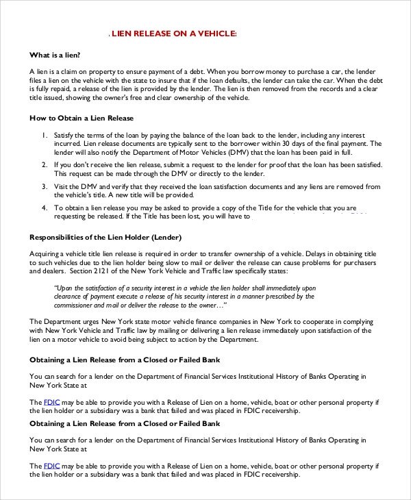 Lien Release Letter Template Sample Release Of Lien 8 Examples In Pdf Word