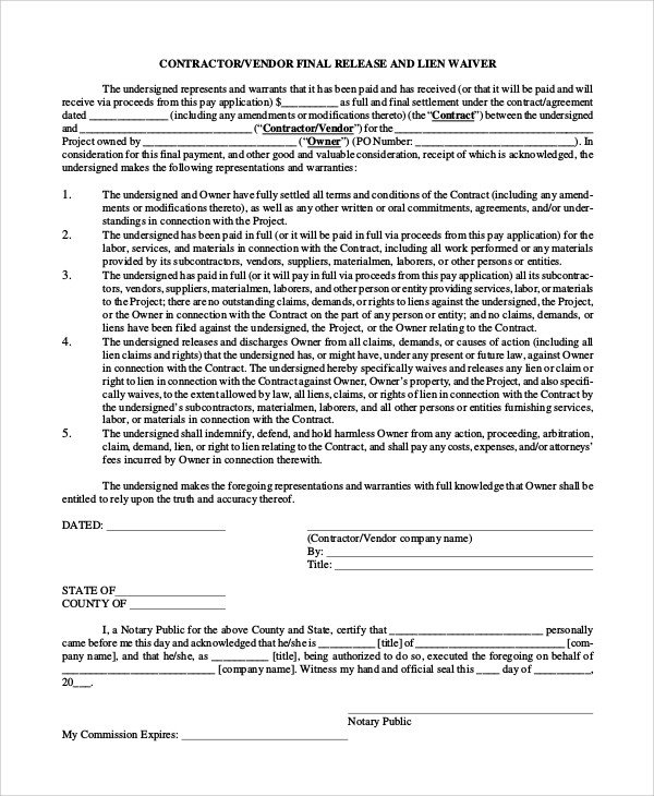 Lien Release Letter Template Sample Release Of Lien 8 Examples In Pdf Word