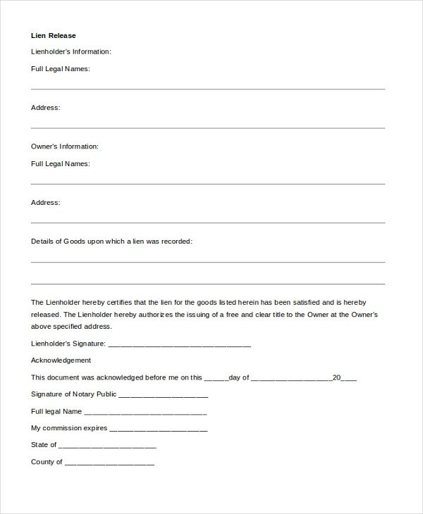 Lien Release Letter Template Sample Release Of Lien form 9 Free Documents In Pdf Doc