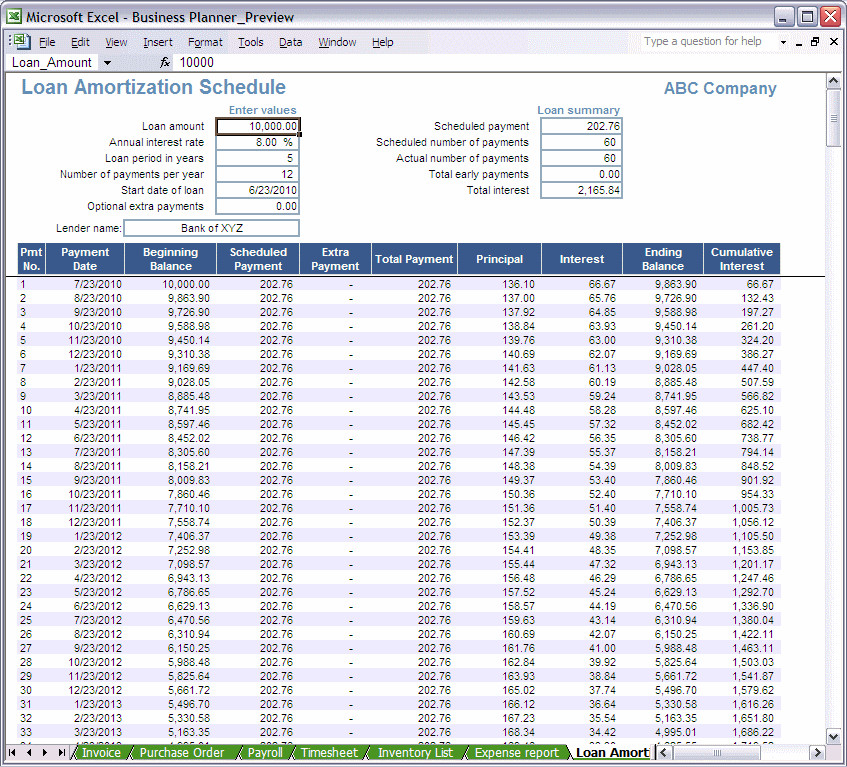 Loan Amortization Excel Template Excel Business Planner Loan Amortization Schedule