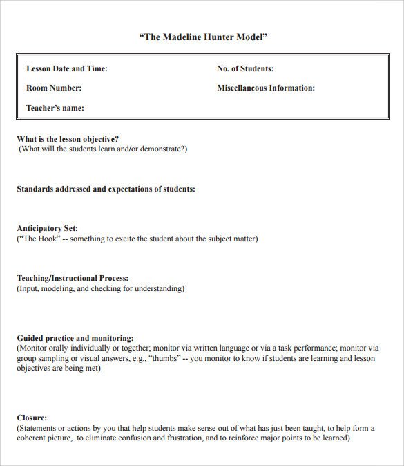 Madeline Hunter Lesson Plan Template Sample Madeline Hunter Lesson Plan – 11 Documents In Pdf