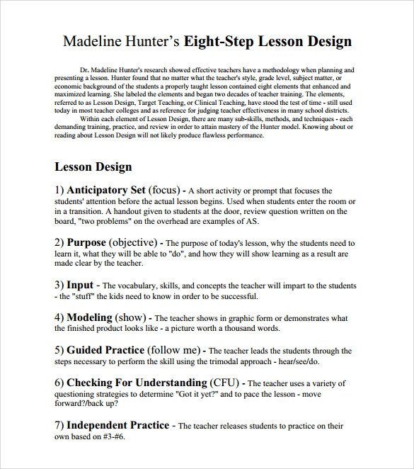 Madeline Hunter Lesson Plan Template Sample Madeline Hunter Lesson Plan – 11 Documents In Pdf