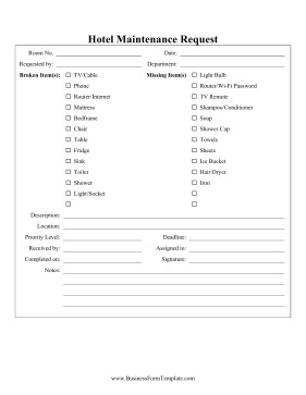 Maintenance Request form Template Hotel Maintenance Request Template