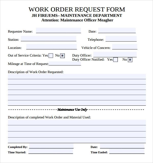 Maintenance Request form Template Sample Maintenance Work order form 8 Free Documents In Pdf