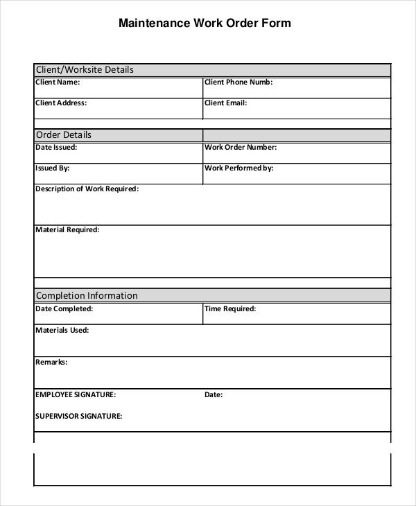 Maintenance Work order Template 11 Work order forms Free Samples Examples format