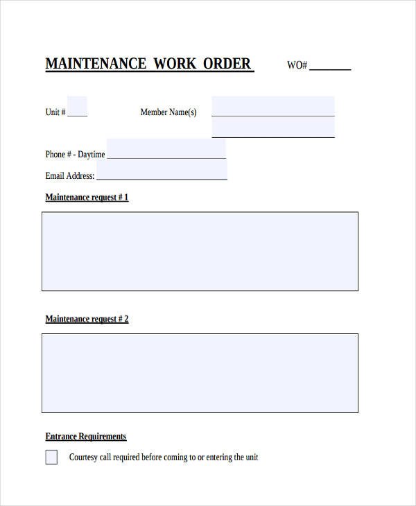 Maintenance Work order Template 17 Work order formats