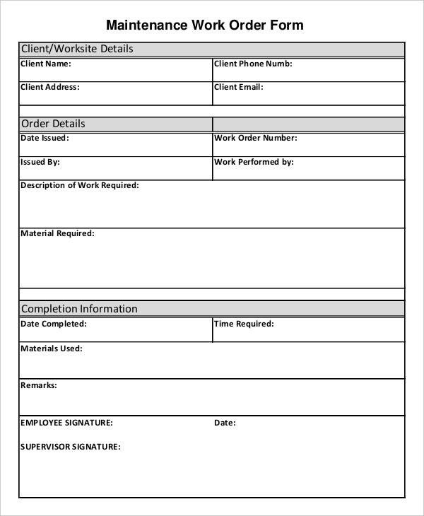 Maintenance Work order Template 9 Job order forms Free Sample Example format Download