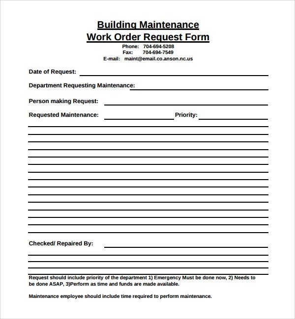 Maintenance Work order Template Sample Maintenance Work order form 8 Free Documents In Pdf
