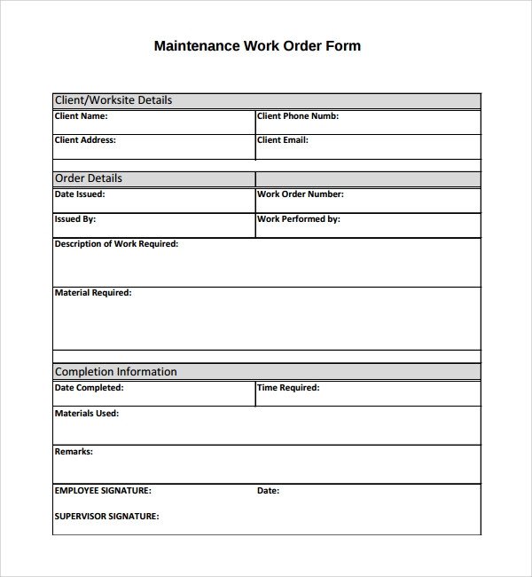 Maintenance Work order Template Sample Maintenance Work order form 8 Free Documents In Pdf