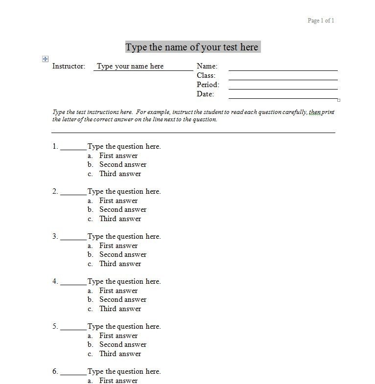 Matching Test Template Microsoft Word Multiple Choice Test Template