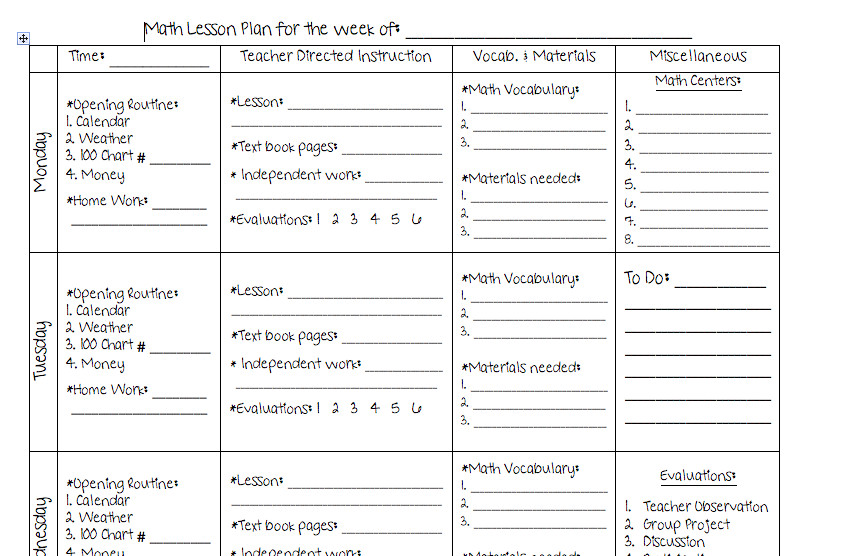 Math Lesson Plan Template the Font I Used for This Template is From Kevin & Amanda