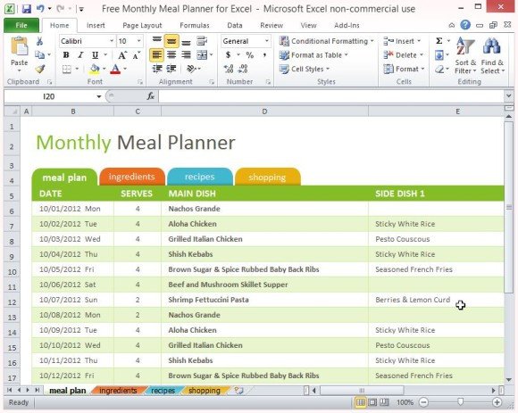 Meal Plan Excel Template Free Monthly Meal Planner for Excel