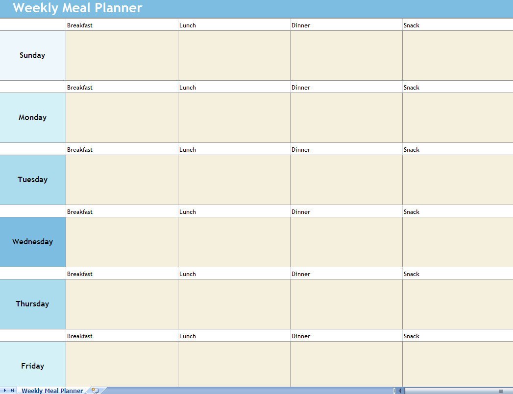 Meal Plan Excel Template Weekly Meal Planner Excel Spreadsheet