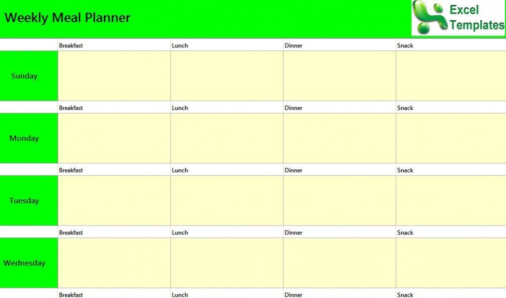 Meal Plan Excel Template Weekly Meal Planner Excel Template