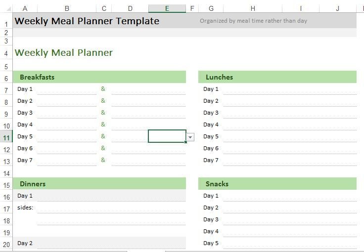 Meal Plan Excel Template Weekly Meal Planner