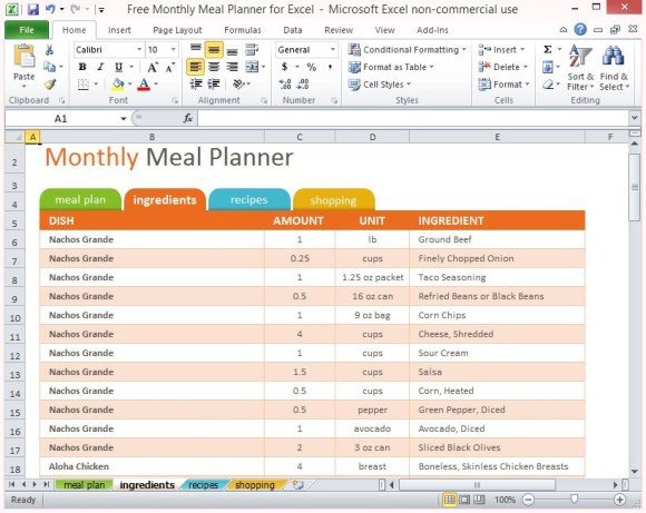 Meal Planning Template Excel Free Monthly Meal Planner for Excel