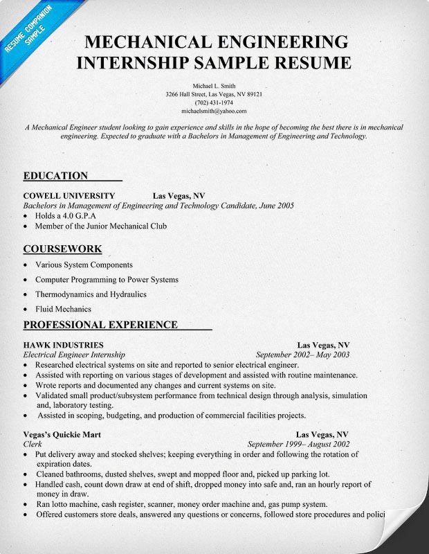 Mechanical Engineering Resume Template Mechanical Engineering Internship Resume Sample
