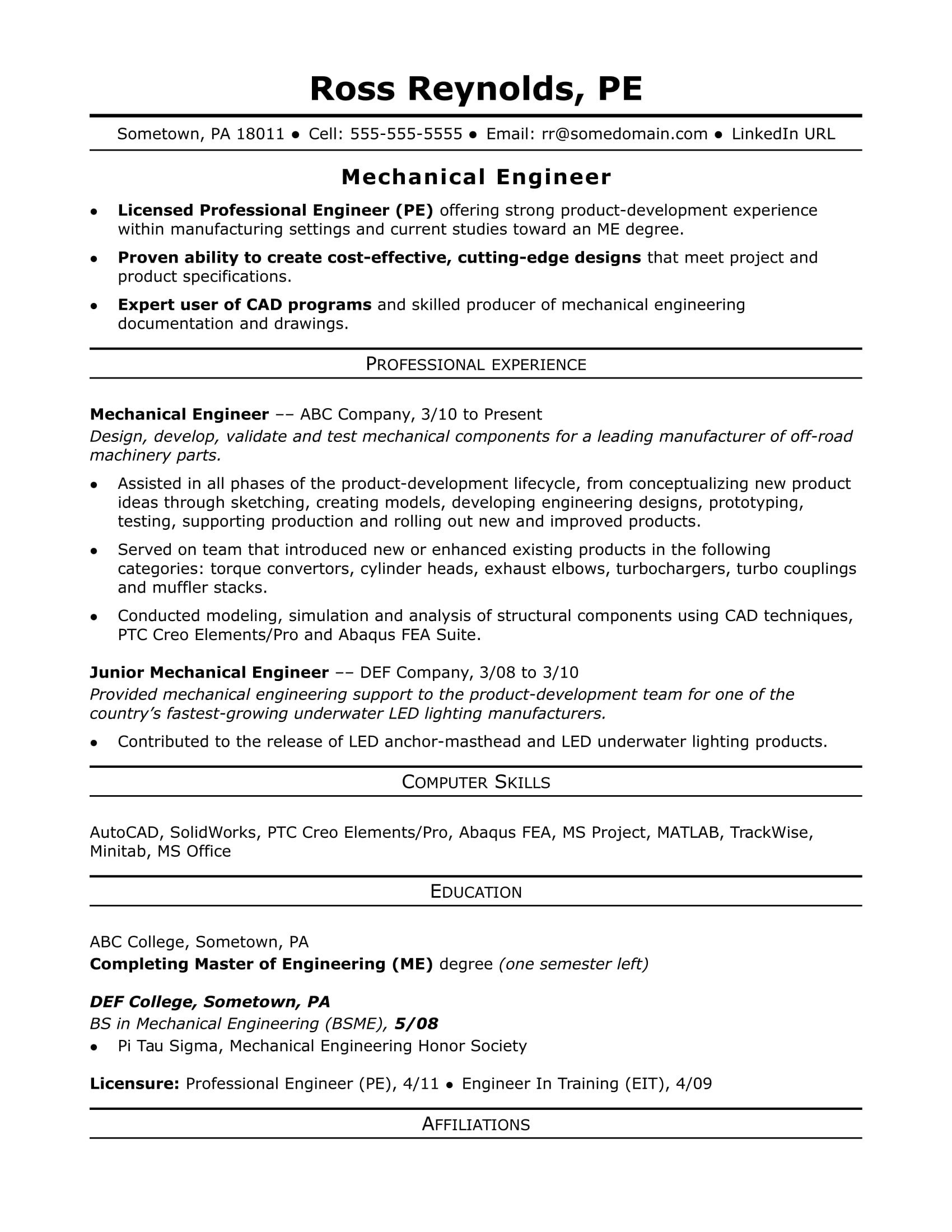 Mechanical Engineering Resume Template Sample Resume for A Midlevel Mechanical Engineer