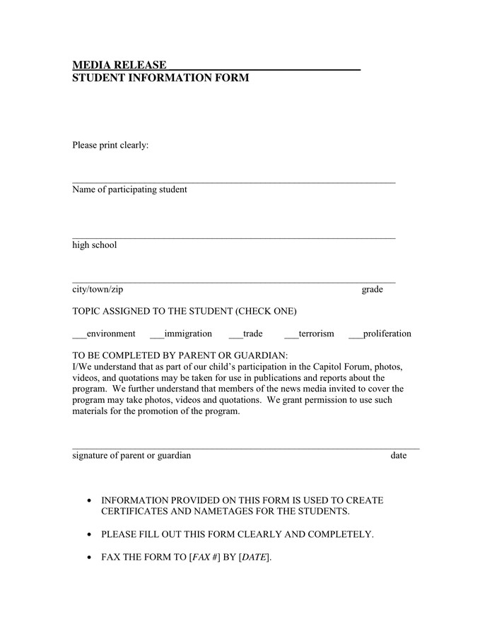 Media Release form Template Media Release form In Word and Pdf formats