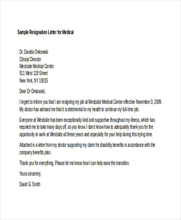 Medical assistant Resignation Letter 12 Sample Medical Resignation Letters Free Sample
