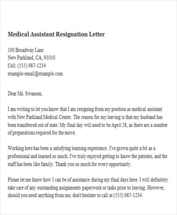 Medical assistant Resignation Letter 65 Sample Resignation Letters