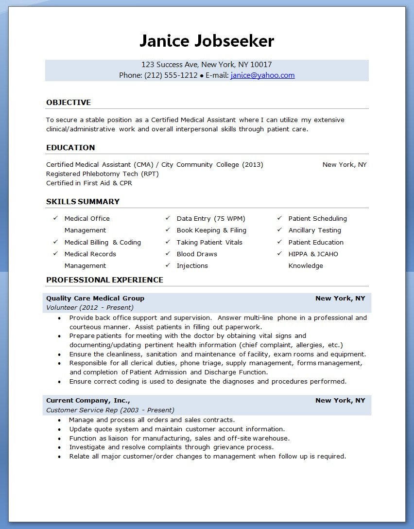 Medical assistant Resume Templates Sample Of A Medical assistant Resume 2016