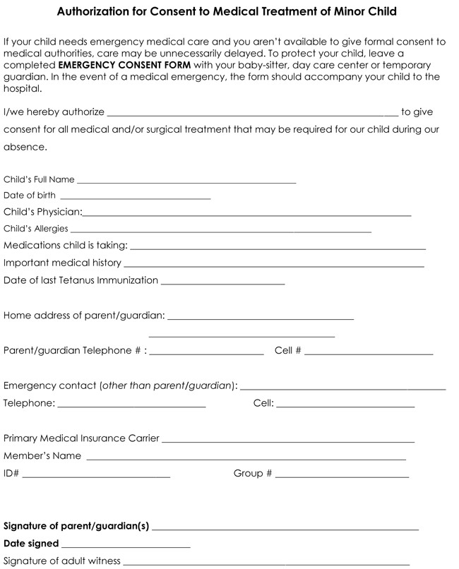 Medical Consent form Template Child Medical Consent form Templates 6 Samples for Word