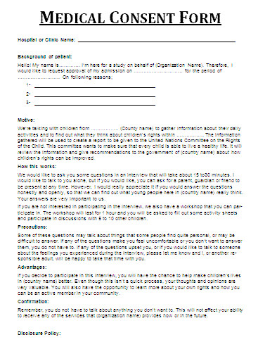Medical Consent form Template Sample Medical Consent form