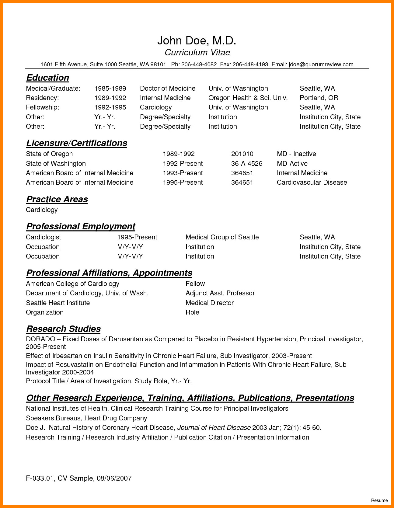 Medical Curriculum Vitae Templates 8 Curriculum Vitae for Doctors Sample