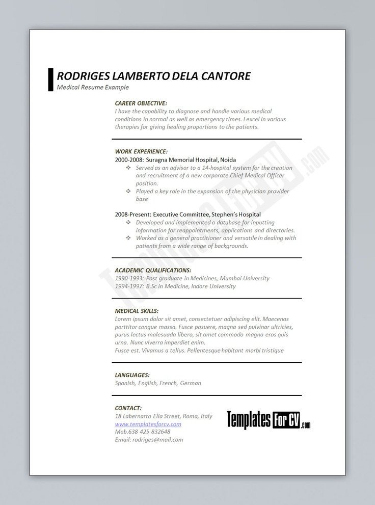 Medical Curriculum Vitae Templates Medical Cv Template Medical Cv Template