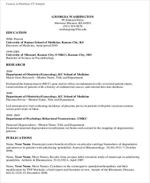 Medical Curriculum Vitae Templates Medical Student Cv Sample 7 Examples In Word Pdf