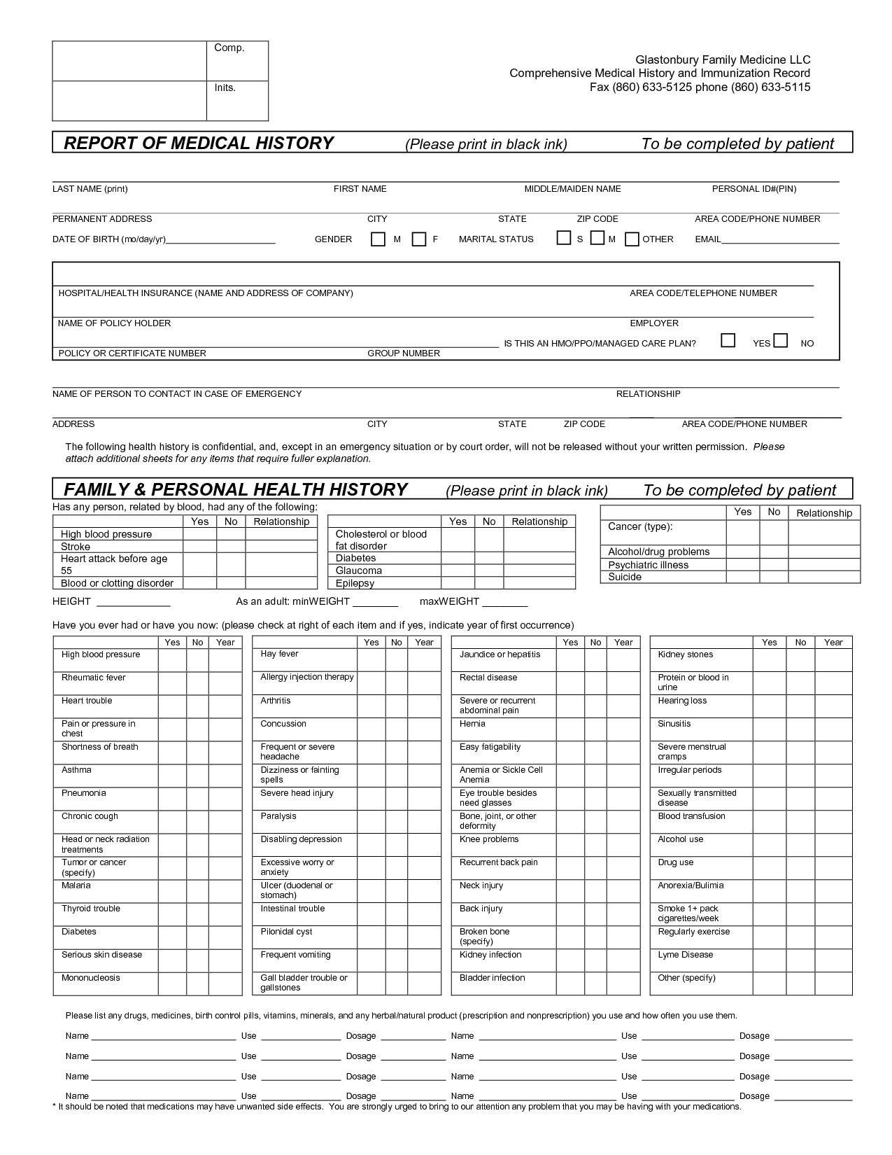 Medical History form Printable Report Of Medical History Family Personal Health History