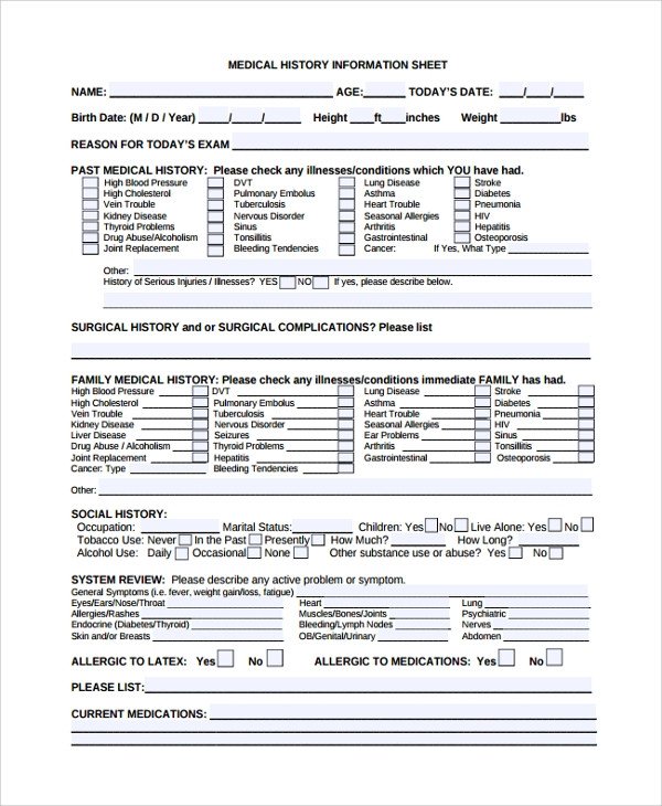 Medical History form Templates Sample Medical History Template 9 Free Documents