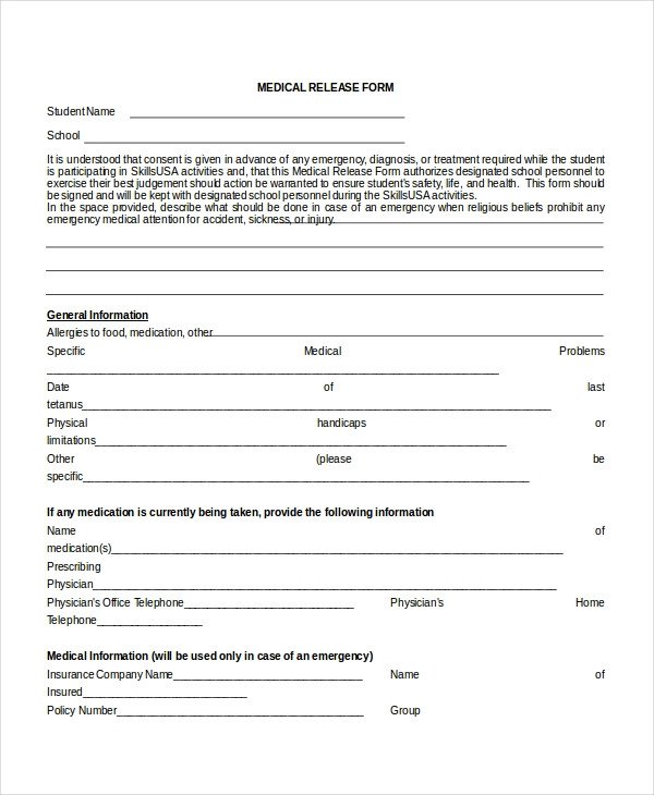 Medical Release form Templates 10 Medical Release forms Free Sample Example format