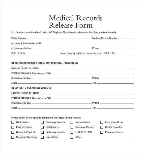 Medical Release form Templates Sample Medical Records Release form 9 Download Free