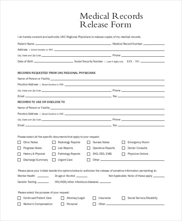 Medical Release form Templates Sample Medical Records Release form 9 Examples In Pdf Word
