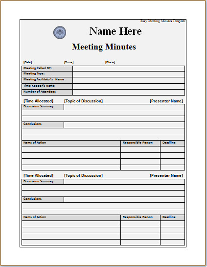 Meeting Notes Template Excel Easy Meeting Minutes Template – Excel Word Templates
