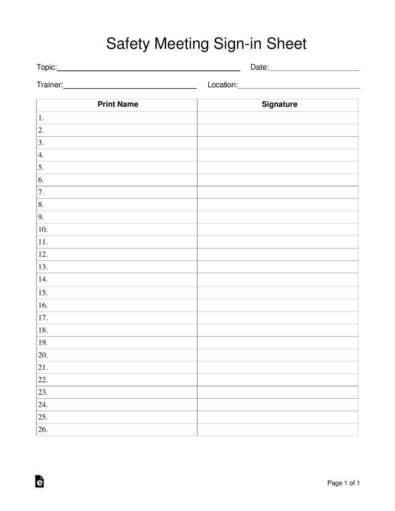 Meeting Sign In Sheet Safety Meeting Sign In Sheet Template