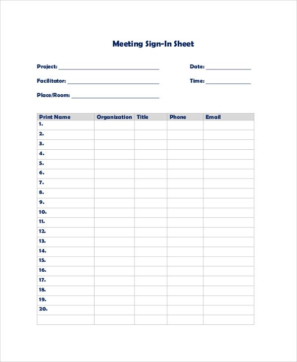 Meeting Sign In Sheet Sample Sign In Sheet 9 Examples In Pdf Word