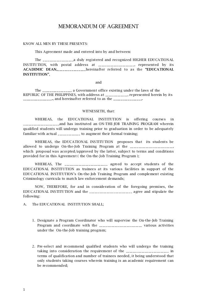 Memorandum Of Agreement Templates Memorandum Agreement Sample