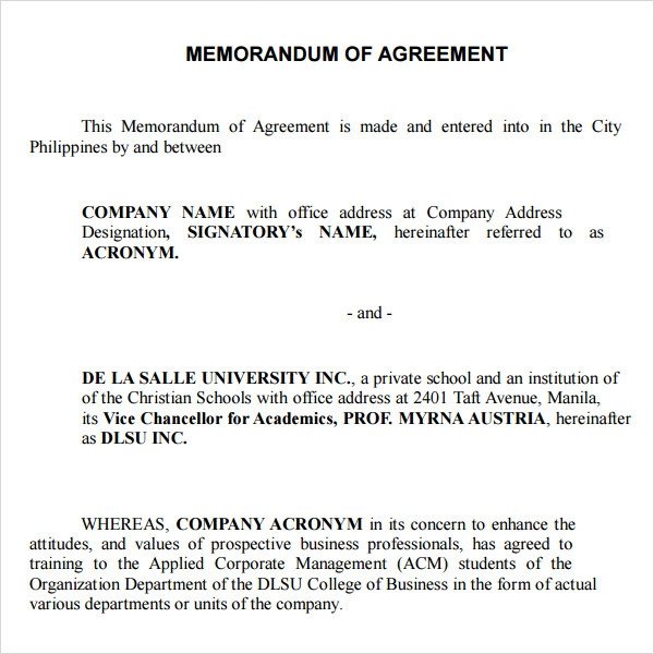 Memorandum Of Agreement Templates Memorandum Of Agreement 9 Free Pdf Doc Download