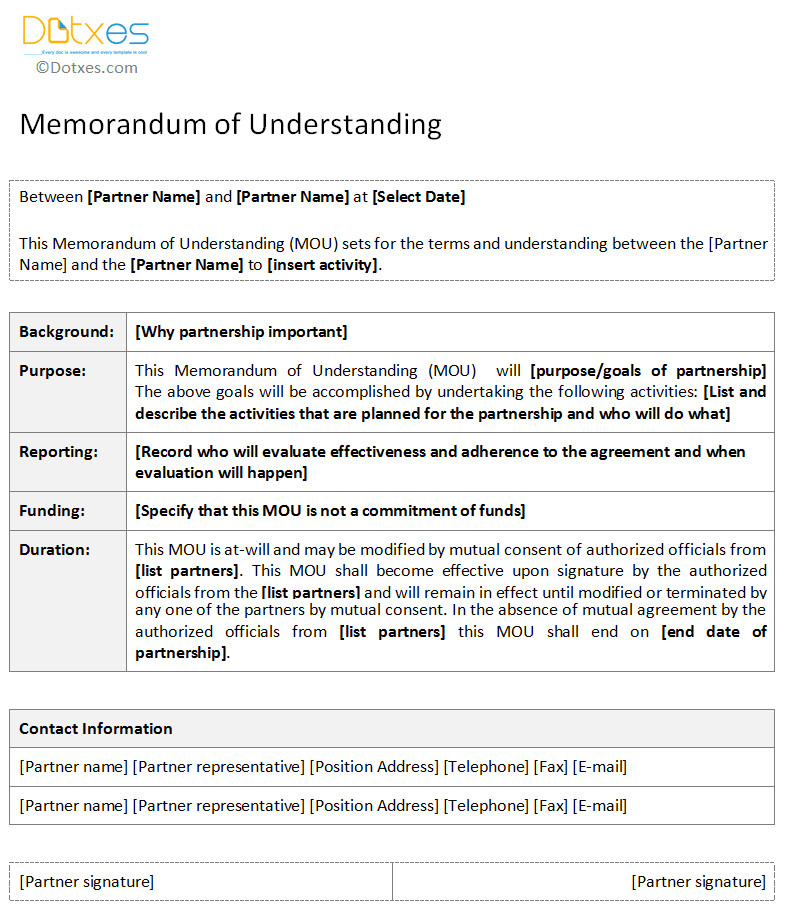 Memorandum Of Understanding Sample Memorandum Of Understanding Template Dotxes