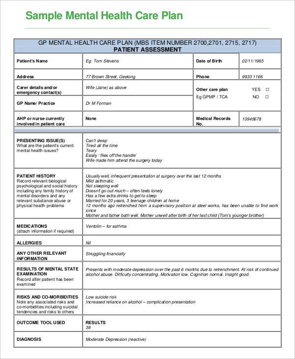 Mental Health Treatment Plan Template Mental Health Care Plan Template 9 Free Sample Example