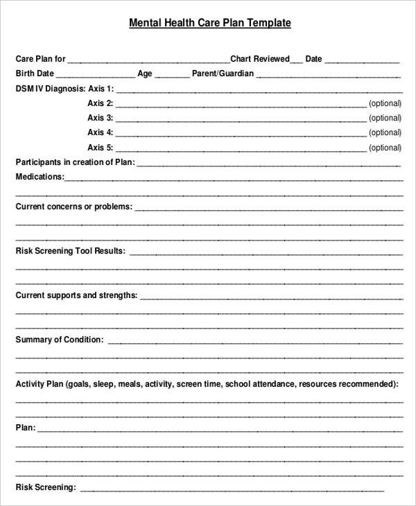 Mental Health Treatment Plan Template Mental Health Care Plan Template 9 Free Sample Example
