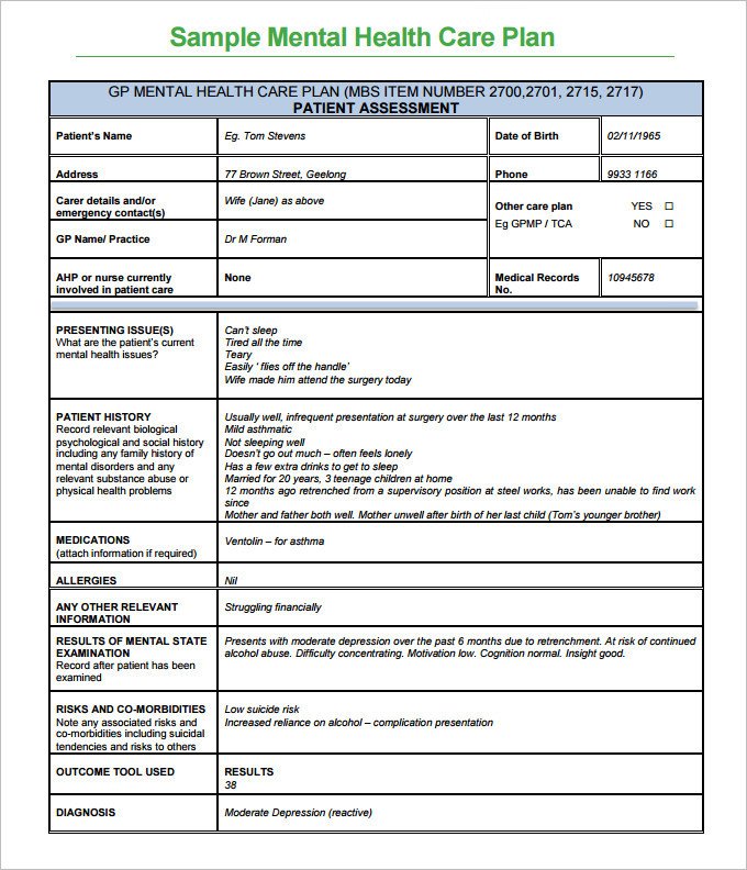 Mental Health Treatment Plan Template Mental Health Care Plan Templates 17 Free Word Pdf