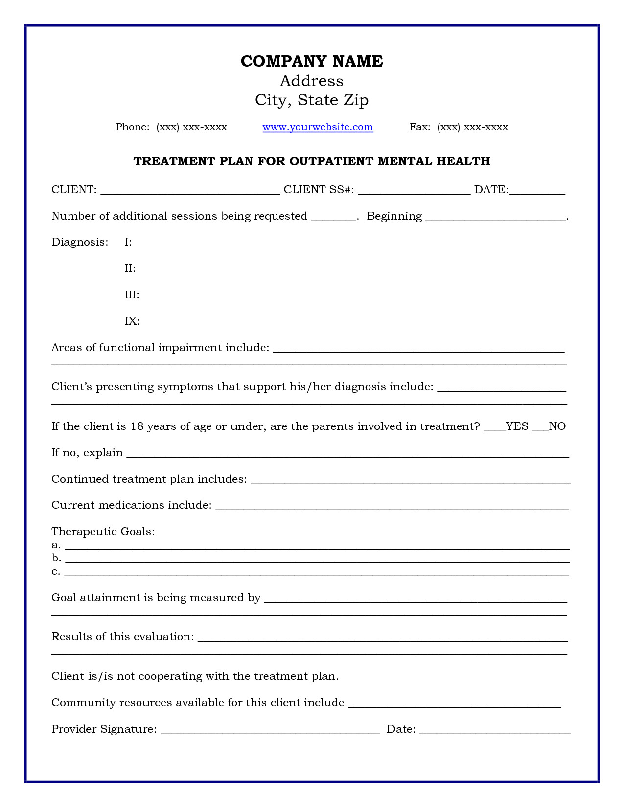 Mental Health Treatment Plan Template Treatment Plan Template